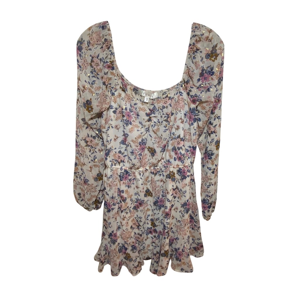 Row A Women Floral Gold Foil Long Sleeve Mini Dress Purple Pink Square Neck M